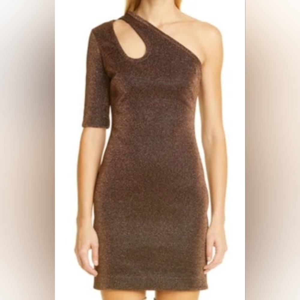 Stella McCartney Darla One Shoulder Metallic Knit Minidress In Bronze